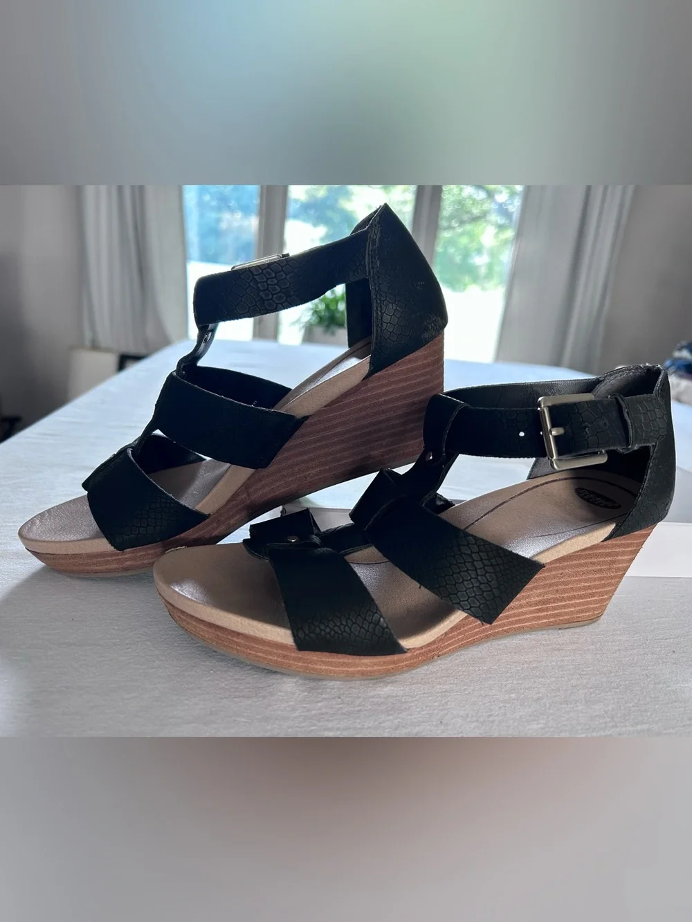 Dr. Scholl's Black Textured Strappy Wedge Sandals with Wood-Tone Heel